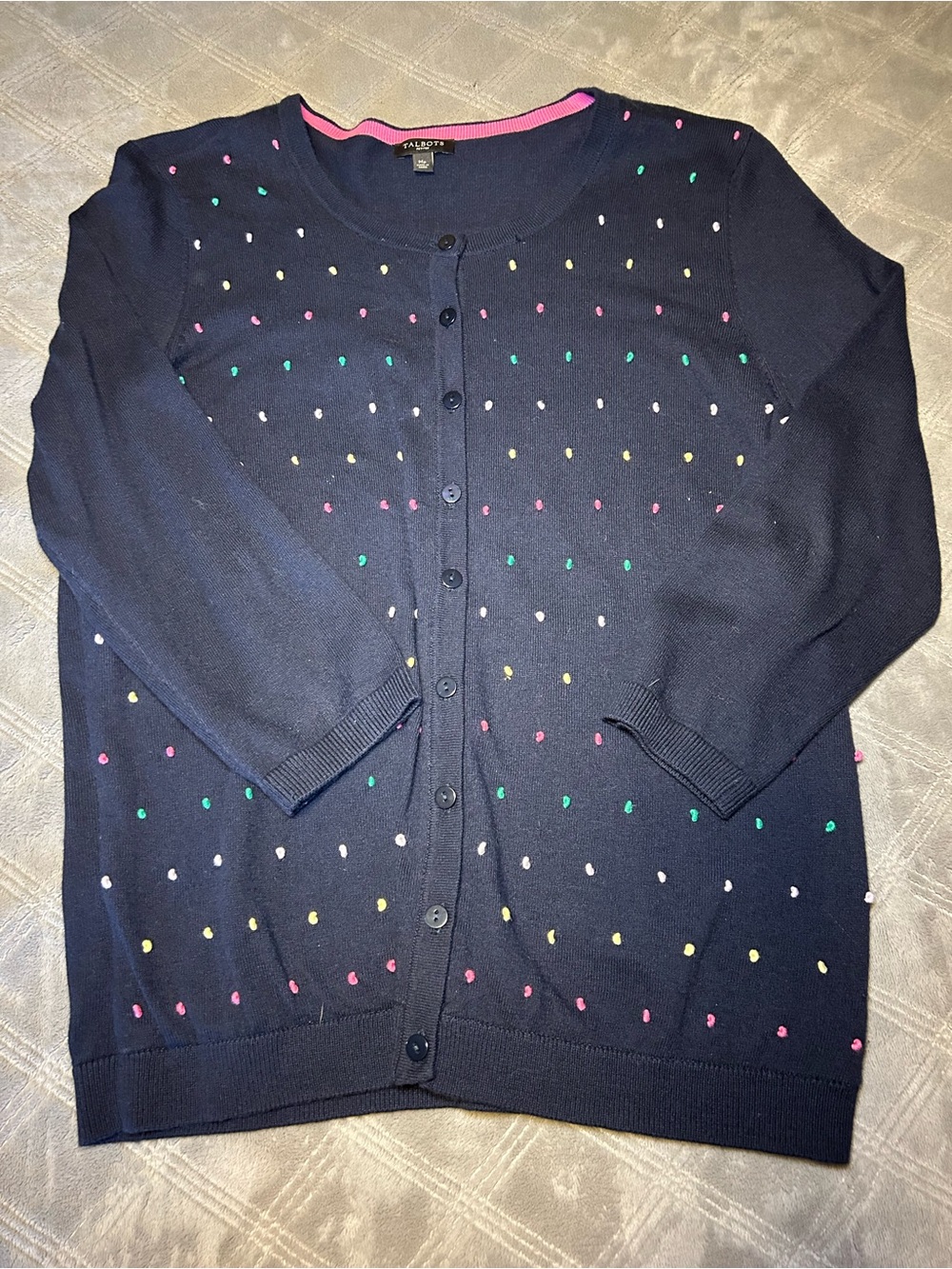 Talbots Navy Cardigan with Multicolor Polka Dots 3/4 sleeve